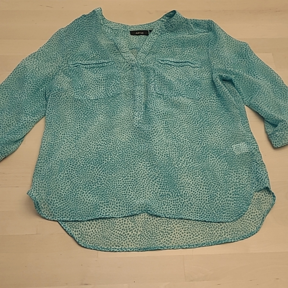 APT.9 Sheer Blue Patterned Speckled Light Teal Blouse